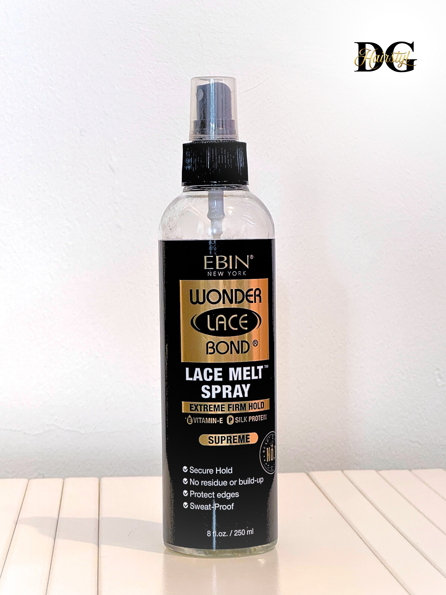 Lace Melting Spray by EBIN, strong hold for lace front wigs, creates natural hairline finish without residue, available at DGHairstyl